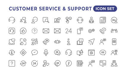 "Customer service icon set.. Contains customer satisfaction, assistance,. experience, operator, and technical support icons. .Solid collection.Simple Set of Help Support Related Vector Line Icons. "
