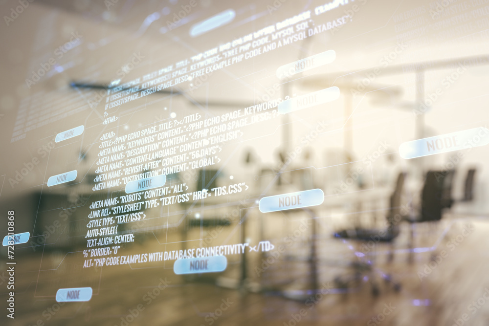 Poster double exposure of abstract creative programming illustration on a modern furnished office interior 