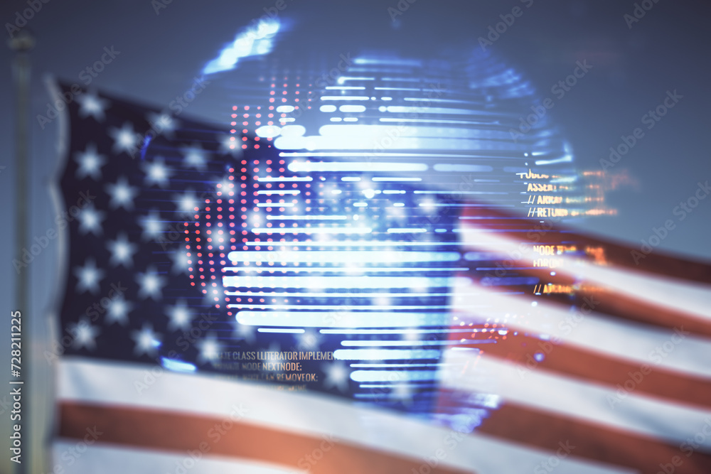 Poster double exposure of abstract creative programming illustration and world map on us flag and blue sky 