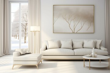 A Serene Haven: A Bright and Airy Living Room Interior in a White Color Scheme
