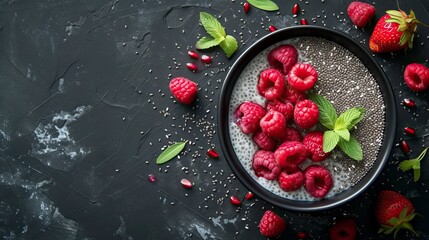 Chia Seed Pudding, Black Surface Table, minimalistic decor 