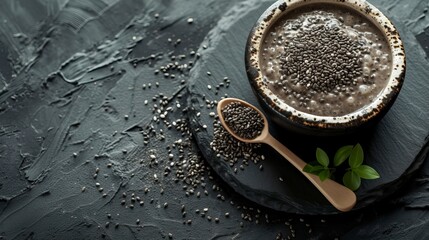 Obraz na płótnie Canvas Chia Seed Pudding, Black Surface Table, minimalistic decor 