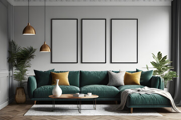 mock up poster frame in hipster room, Scandinavian style interior background, 3D render, 3D illustration
