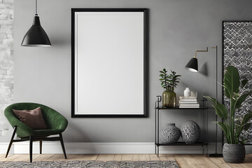 mock up poster frame in hipster room, Scandinavian style interior background, 3D render, 3D illustration