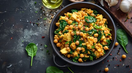 Chickpea and Spinach Scramble, Black Surface Table, minimalistic decor  - obrazy, fototapety, plakaty