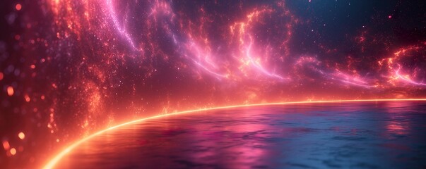 Enigmatic cosmic corridor with sparkling pink nebula over reflective surface