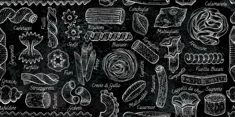 Pasta Pattern. Italian chalkboard vector food background. Seamless macaroni sketch doodle illustration. Vintage drawing from Italy. Outline pasta pattern background. Fusilli Gobetti Rigatoni Capellini