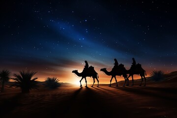 Obraz na płótnie Canvas Silhouette of Three wise men riding a camel along the star path. To meet Jesus at first birth