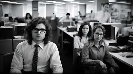Office workers upset that they have to return to office - They want to work remote - frustrated - aggravated - angry - bitter - black and white  - obrazy, fototapety, plakaty