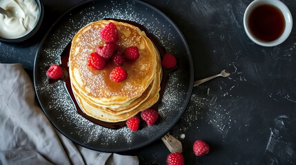 Cottage Cheese Pancakes, Black Surface Table, minimalistic decor 