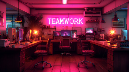 Neon “TEAMWORK” sign inside modern office - motivational - Teambuilding - design and decor - corporate slogan