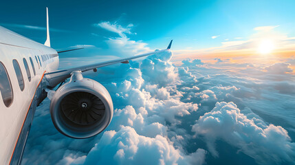 Close up Airplane wings in the blue sky, view from under, aeral view. copy space, trip advertising. mockup.