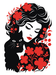 Fototapeta premium beautiful portrait of a woman hugging cute cat vector illustration
