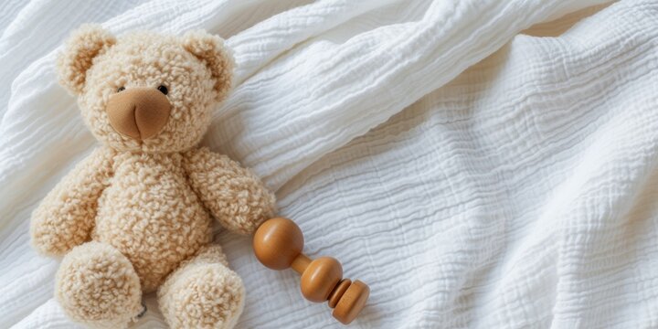 Teddy bear and natural wooden rattle toy on white blanket throw background. Top view, copyspace