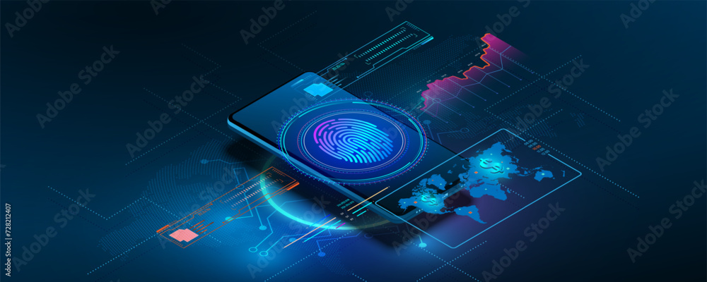 Aufkleber technology background, data encryption concept on smartphone and financial graph on global online ne
