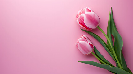Two Pink gradient Tulips on soft pink background, Copy space, mockup, Top view. flat lay style. - obrazy, fototapety, plakaty