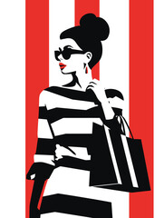 beautiful portrait of a young woman with shopping bags vector illustration