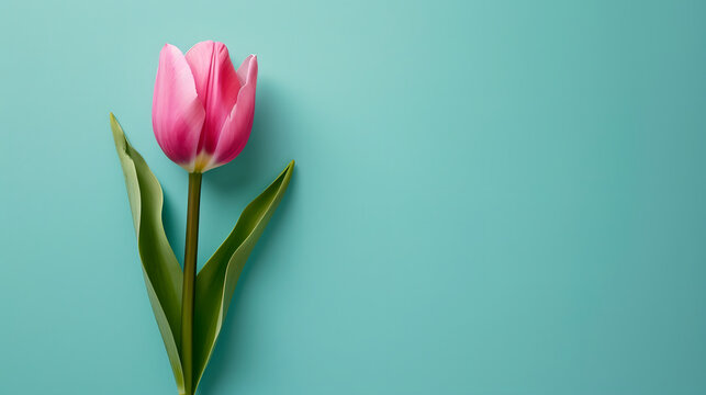 a Pink gradient Tulips on soft pastel turquoise background, Copy space, mockup, Top view. flat lay style.
