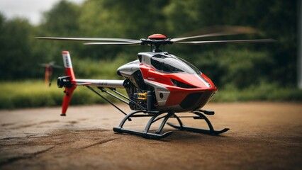 Close-up high-resolution image of a modern remote-control helicopter. Modern toys collections. - obrazy, fototapety, plakaty