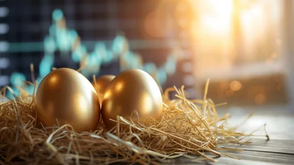 Fotobehang Income and return on investment. profit, capital gain, dividend, yield, interest return from investing in the stock market or fund or bond, golden eggs on table stock background © Slowlifetrader