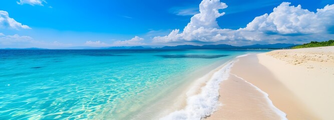 Beautiful tropical beach along the coastline, seaside, side view of sandy beach. blue sky, background wallpaper.	