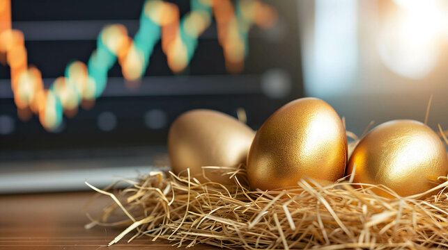Income and return on investment. profit, capital gain, dividend, yield, interest return from investing in the stock market or fund or bond, golden eggs on table stock background
