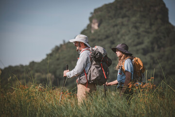 Traveller happy family backpack camping on summer holidays is adventure trip.