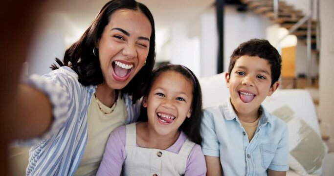 Happy family, face or mother in selfie with kids in lounge or home on social media for memory. Parent, siblings or mom with funny expression for vlog, picture or photograph with love, hug or children