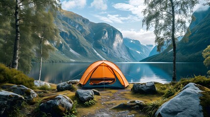 Tent Camping area by lake with mountains view, early morning, beautiful natural place. front view.  - obrazy, fototapety, plakaty