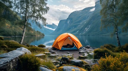 Tent Camping area by lake with mountains view, early morning, beautiful natural place.