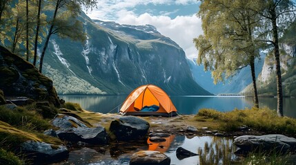 Tent Camping area by lake with mountains view, early morning, beautiful natural place. - obrazy, fototapety, plakaty