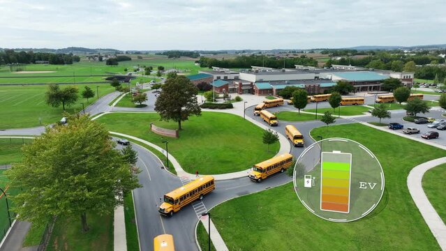 Electric buses at school with battery status icon. Aerial of eco-friendly public transport of students in USA. Animated EV charging icon over drone shot of yellow buses leaving American school.
