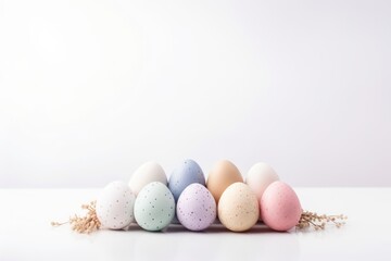 Obraz premium Happy easter concept. Scattered easter eggs in pastel colors on a white tabletop