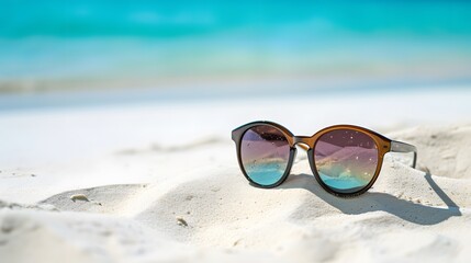 Fototapeta na wymiar Close up sunglasess on seascape sandy beach. summertime Holiday concept, trip. copy space. mockup.