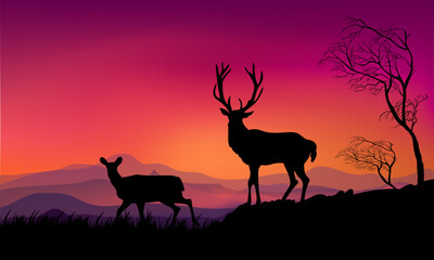 Fototapeta na wymiar Nature landscape, mountain, hill, trees, on summer view silhouette deer animal vector ilustration background.