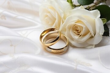 Wedding gold rings on white silk fabric with rose flowers