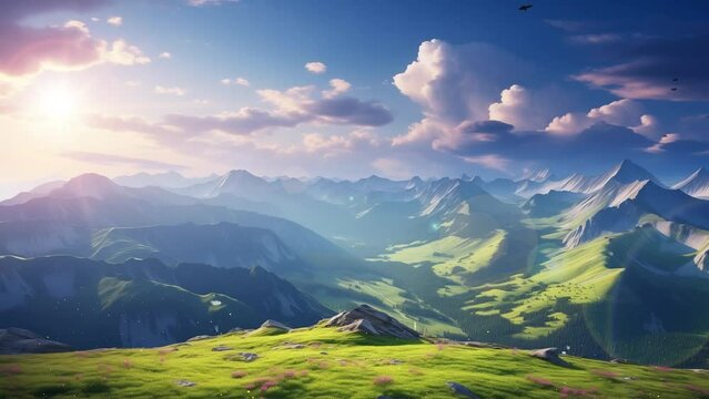 high mountain range in morning time beautiful nature. panorama of the mountains. seamless looping overlay 4k virtual video animation background 