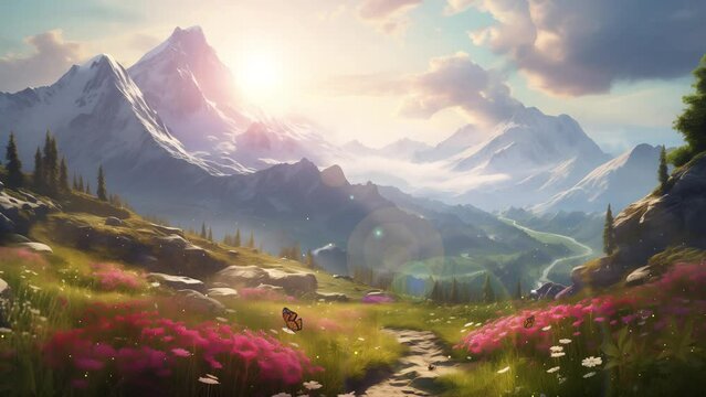 high mountain in morning time with flowers blooming. panorama of the mountains. seamless looping overlay 4k virtual video animation background 
