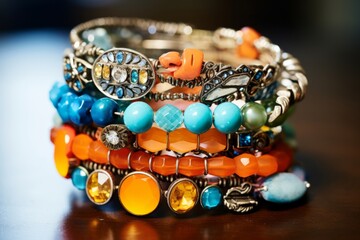 Stack of colorful bracelets adorned with charms