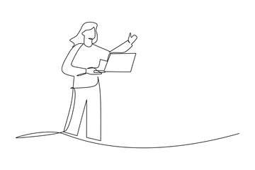 Continuous one line drawing of young female worker standing while holding laptop to type. Success business manager. Minimalist concept. Trendy single line draw design vector graphic illustration