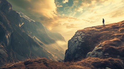A solitary figure stands on a grassy ridge, gazing at a dramatic mountain landscape. The sun, hidden behind cloud cover, casts a warm golden light across the scene. The majestic mountainside to the le - obrazy, fototapety, plakaty