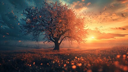 A majestic solitary tree stands in the center of a field illuminated by the warm glow of a setting sun. The tree is in full bloom with pink flowers, and some of its petals are being carried away by a  - Powered by Adobe