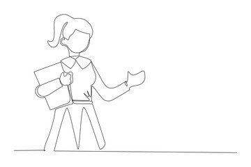 continuous line drawing of businesswoman holding briefcase with documents. Entrepreneur has a new business branch happiness. One line vector illustration