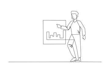 Single continuous line drawing of young manager pointing finger to the screen board with a data chart. Business precentation concept one line draw design vector graphic illustration
