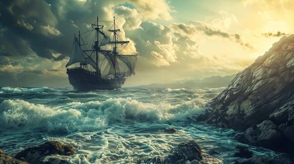 Foto op Plexiglas A large, old-fashioned sailing ship with three masts and fully unfurled sails navigates choppy seas near a rocky coastline. The sun sits low in the hazy sky, casting a warm glow and creating dramatic  © Jesse