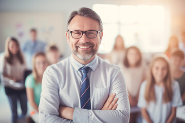 education, male school teacher smiling portrait looking at camera with blurred students class on background - 728215864