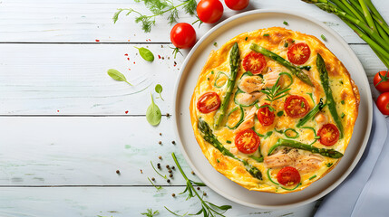Omelette with salmon, asparagus and cherry tomatoes on white wooden background