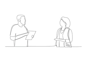 Continuous line drawing of two young male and female worker holding a paper and discussing about work together at the office. Job discussion concept hand drawn style design vector illustration