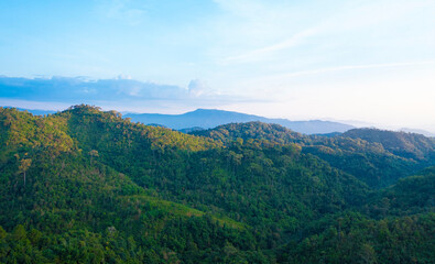Fototapeta premium Panorama view with wonderful springtime landscape in mountains. grassy field and rolling hills. rural scenery