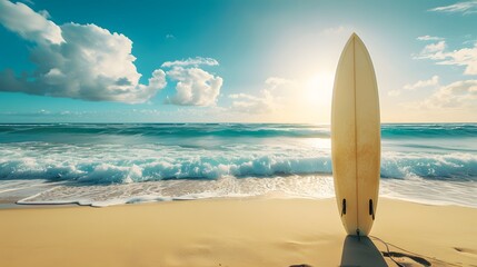 Surfboard on sandy tropical beach background. summertime sport concept, hobbies. copy space, mockup, wallpaper.